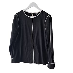 Ellen Tracy Black & White Trim Polyester Round Neck Long Sleeve Blouse - Size S
